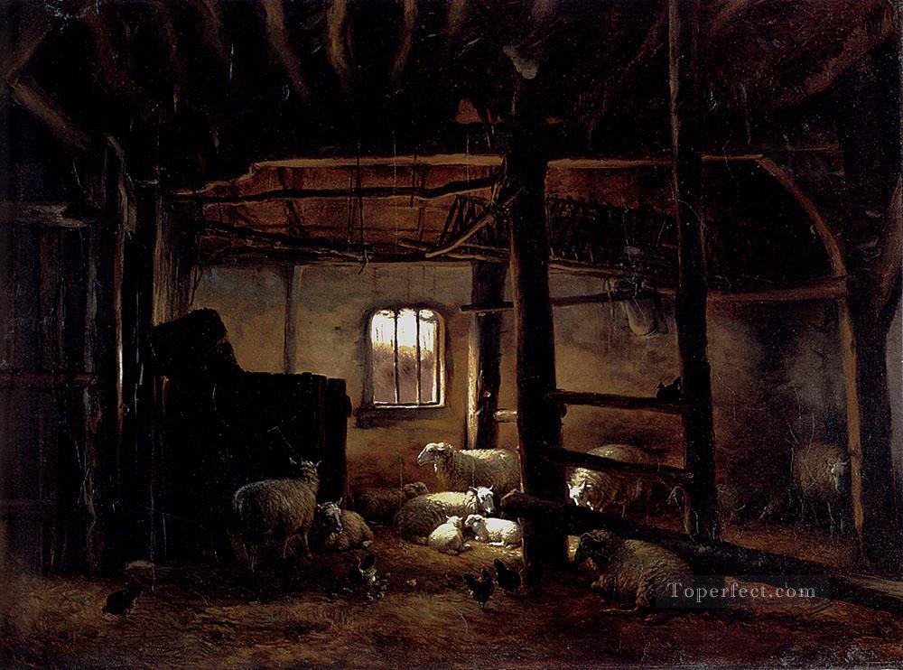 馬小屋のユージン・フェルベックホーフェンの動物の羊で油絵